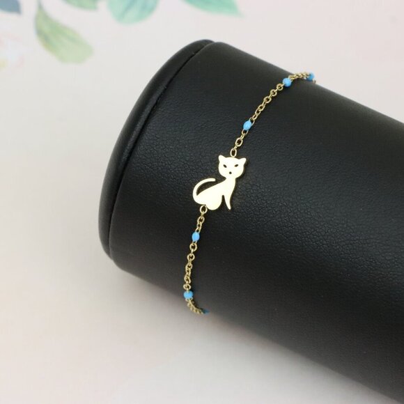 Chic Yellow Gold Cat Bracelet with Blue Beads, XPBL0622 - Picture 6 of 12